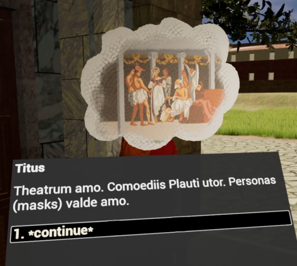 A screen capture of the Lingua Vitae VR experience, showing dialogue with the character Titus