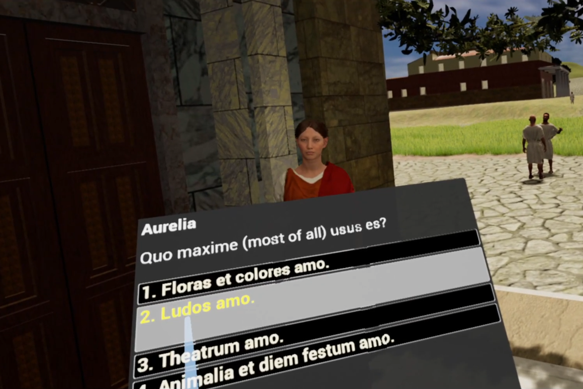 A screen capture from the Lingua Vitae VR experience, showing dialogue choices with the character Aurelia