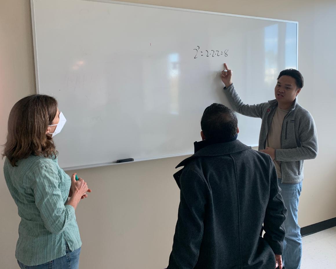 Noyce Fellowship Workshop, Noyce Fellows in collaboration with Mathematics Professor, Linda Burks. Fellows Miguel Garcia and Daniel Pham