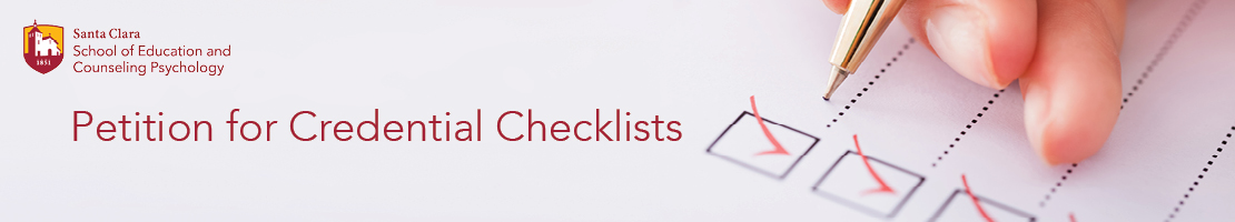 SCU ECP Logo sits above the words Petition for Credential Checklists and shows a hand marking off checkmarks.