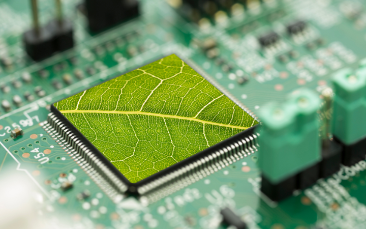A computer motherboard with a chip resembling a green leaf. Image by Bernie Photo / Getty Images via Canva Enterprise. 