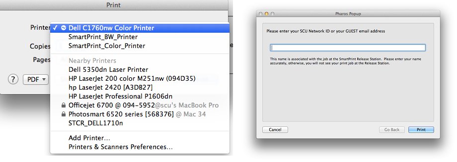 Two dialog boxes. The left dialog box is the Mac OS printing dialog box where you will need to select the SmartPrint B&W Printer or the SmartPrint Color Printer. The right dialog box is the SmartPrint pop-up dialog where you enter your SCU Username.
