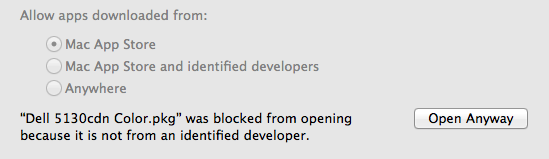 The security warning dialog box when installing the SmartPrint Pop-up client on Mac OS. Click on Open anyway.