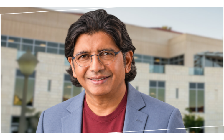 Ravi Bapna headshot overlaying Lucas Hall, home to the Leavey School of Business