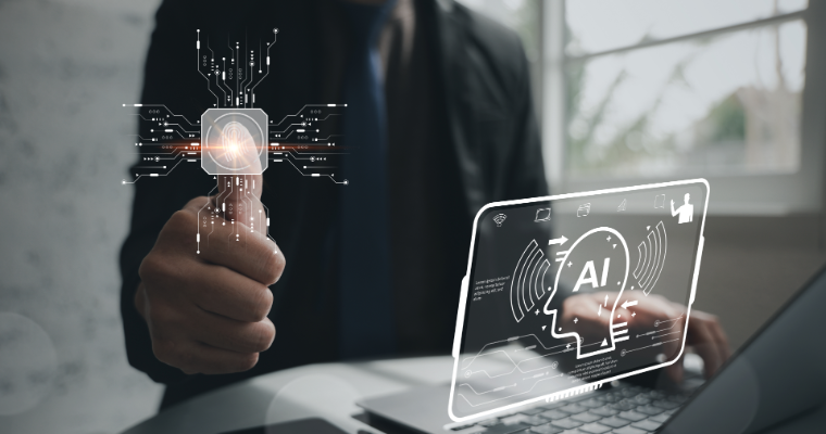 Person in a suite interacting with digital interfaces related to artificial intelligence (AI) and future technology