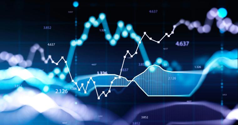 Concept of stock market and fintech data analysis. Blue and violet digital bar charts over dark blue background.
