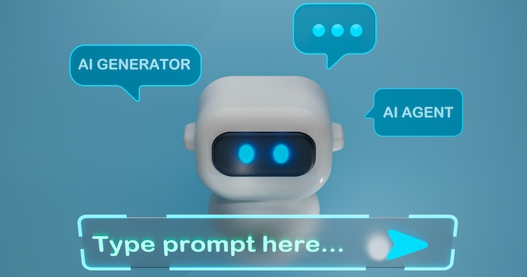 A white robot with blue eyes and speech bubbles image link to article