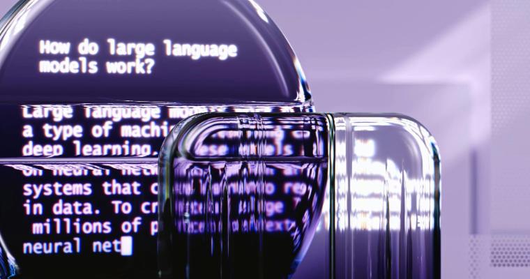 Text on a distorted glass surface reads: `How do large language models work?` and describes them as machine learning systems using neural networks and large data sets.
