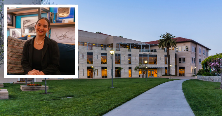 Lucas Hall, home to the Leavey School of Business, overlayed with Jayden Sanders headshot image link to article