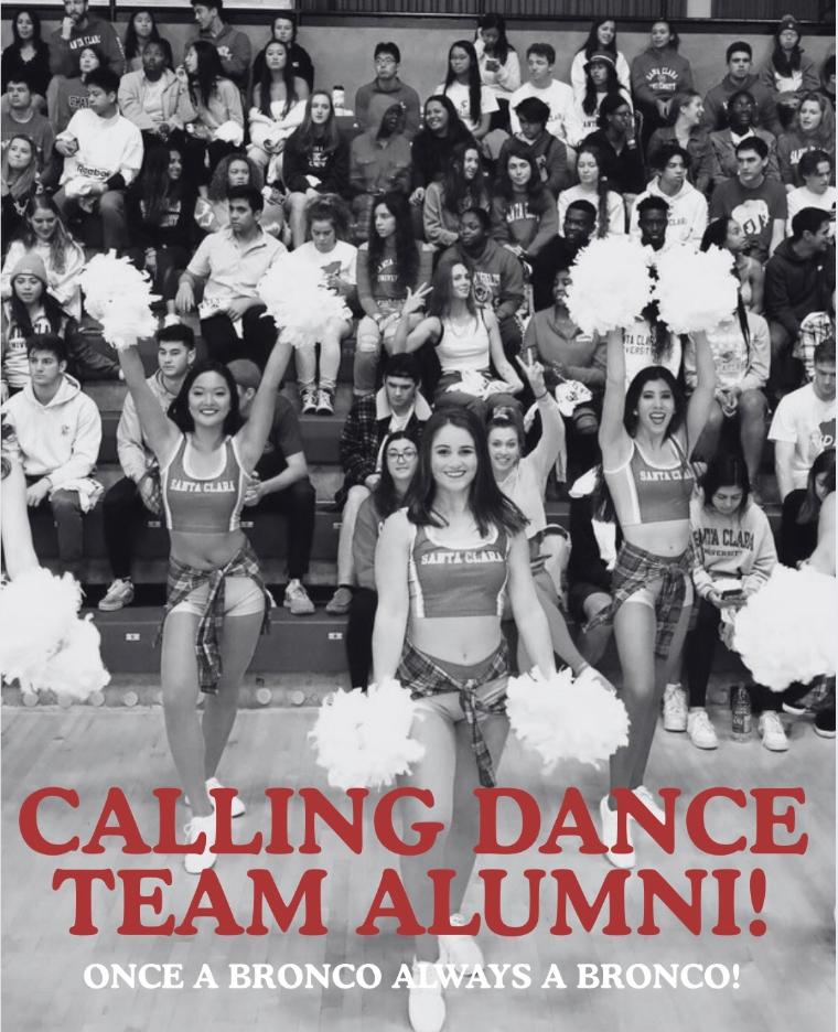 Group of young women with pom poms cheering and text over the image is calling dance team alumni